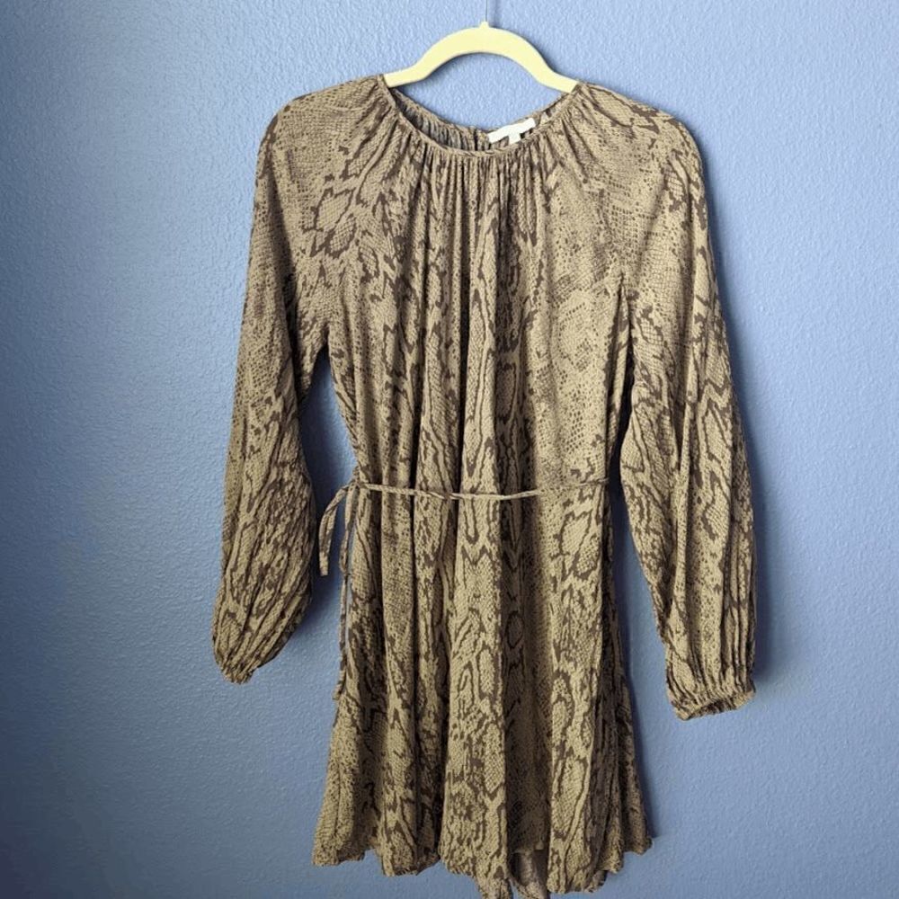 Women's Gb Long Sleeve Snake Print Dress Tie Waist Beige Brown Xs Round Neck Euc — image 6 of 8